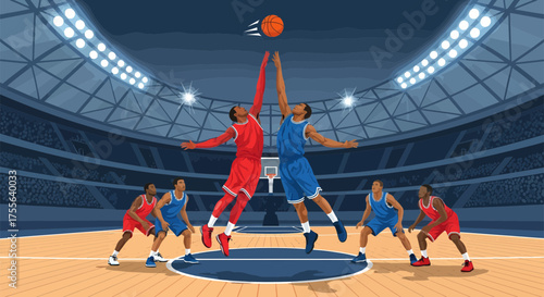 Basketball Jump Ball Showdown in a Packed Arena.