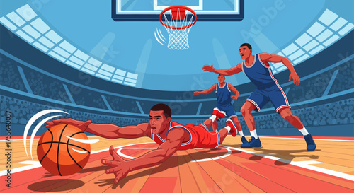 Basketball Player Diving for Ball in Intense Game.