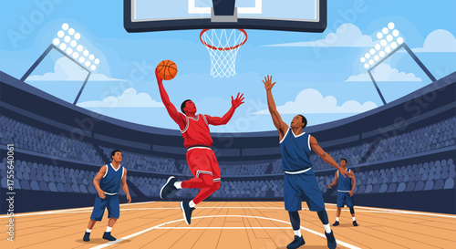 Basketball player in red jersey jumps to score.