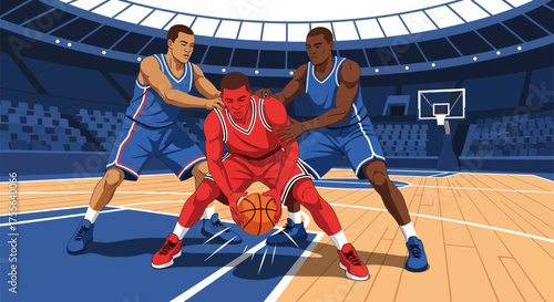 Basketball Player Dribbling Surrounded by Defenders in Intense Game.