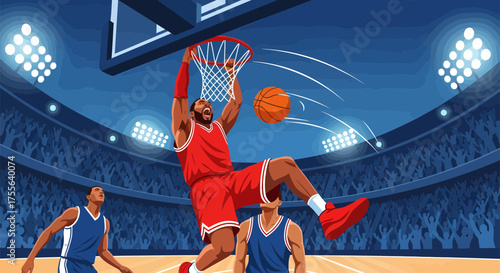 Basketball Player Executes a Powerful Slam Dunk in Stadium.