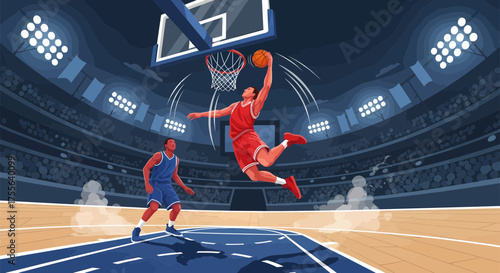 Basketball Player Performing a Slam Dunk in a Stadium.