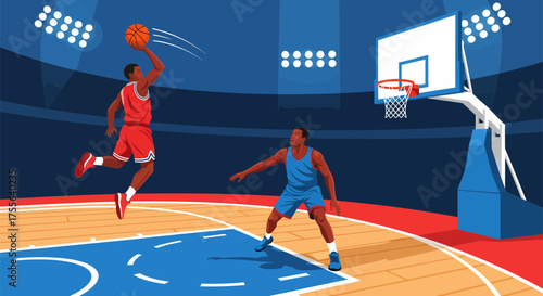 Basketball players in action during a game illustration.