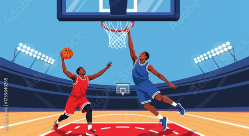 Basketball players in action during a game under stadium lights.
