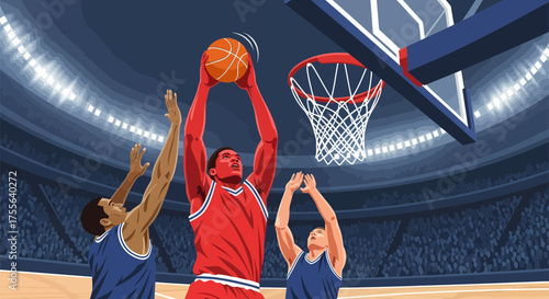 Basketball Players in Action Intense Game Moment with Ball and Hoop.