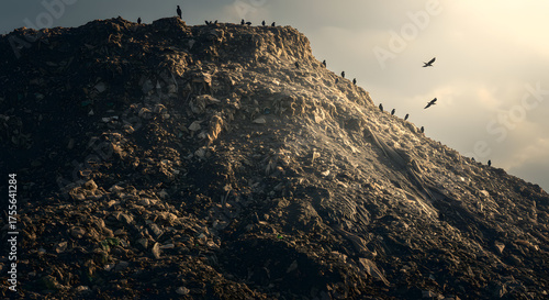 A vast, dark mountain of discarded waste, with people working on its slopes under a muted sky, illustrating global waste challenges and the struggle for survival
