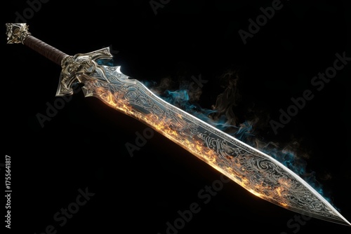 An ancient sword with a fiery design, evoking tales of bravery and strength. The sword's blade is intricately detailed, suggesting a rich history and power.