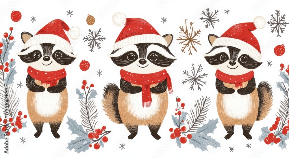 Fototapeta premium Cute raccoon delightfully holding a Christmas cookie surrounded by festive holiday decorations and seasonal greenery