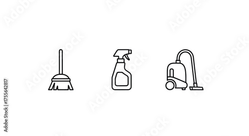 Essential cleaning tools including a broom, spray bottle, and vacuum cleaner for household chores