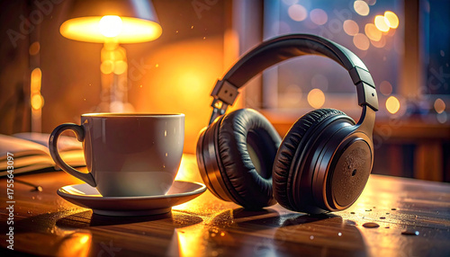 Serene Soundscape: A close-up shot showcases a harmonious blend of relaxation. A steaming cup of coffee and a pair of headphones rest on a wooden table with wet drops.