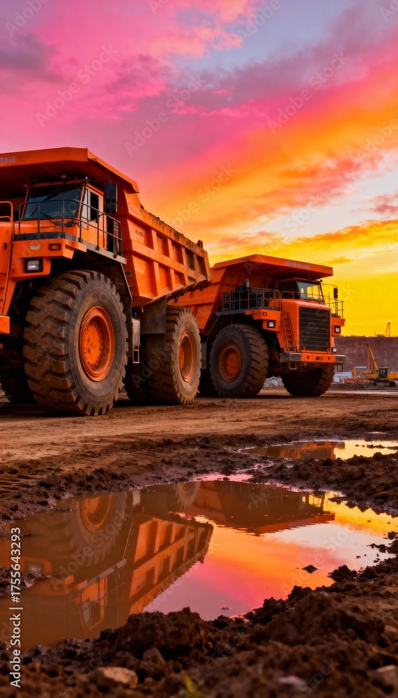 Obraz premium Two large orange mining trucks on muddy ground under vibrant sunrise or sunset sky. 