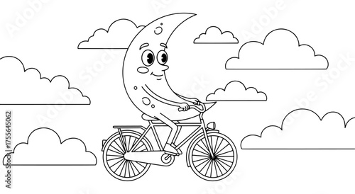 A sweet and peaceful wall art for a child's nursery or bedroom. This happy moon cycling through the clouds helps create a calm and relaxing atmosphere. Vector clipart.