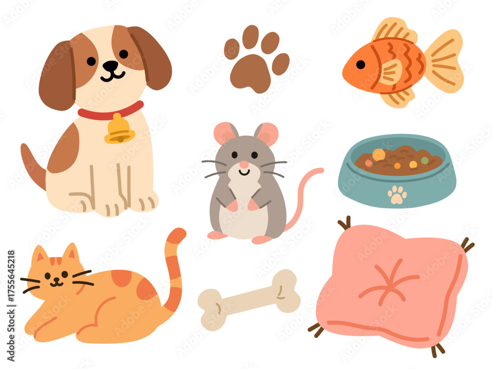 Fototapeta premium Cute Homey Pets Illustration Set in Flat Style for Animal Design