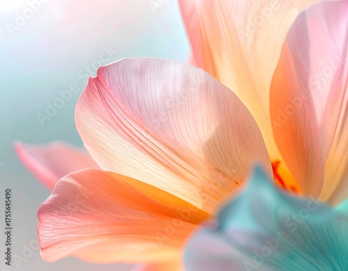 Delicate tulip blossom with translucent petals in soft pastel shades creating calm mood