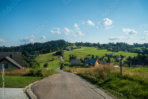 Hilly countryside bellow Tyniok hill in Beskid Slaski mountains in Poland