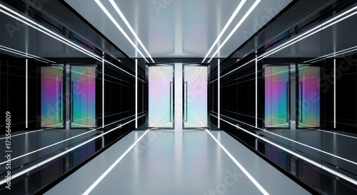Futuristic corridor with iridescent panels, glossy black walls and neon lighting