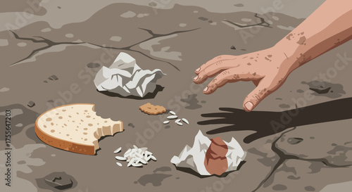 Conceptual illustration showing a dirty hand reaching for discarded food scraps on cracked earth