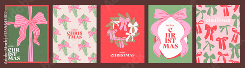 Hand drawn cards set of Merry Christmas and Happy New Year. Vintage concept with gift bows, Christmas tree branch and wreath. Minimalist trendy design for poster, cover, social media, banner, print