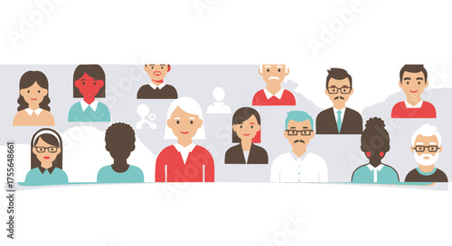 A diverse collection of people avatars representing a social network community or a professional business team