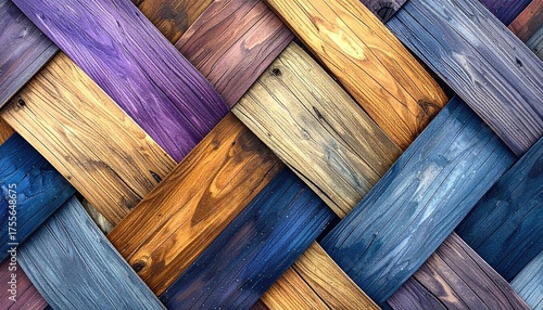 Interwoven stained wood planks create a textured surface
