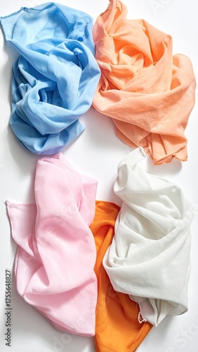 Colorful, sheer fabric gathers on a white background