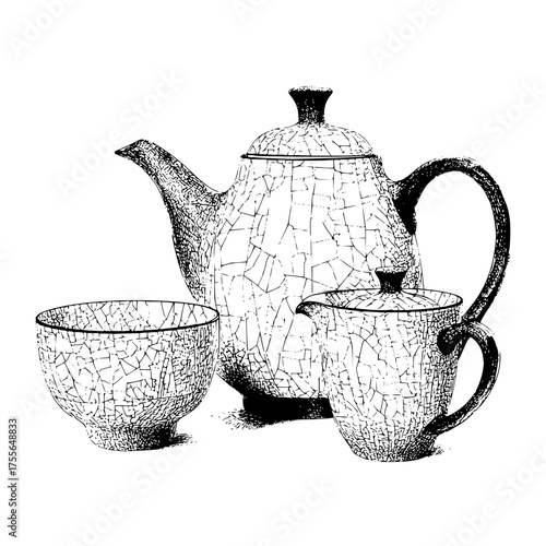 Vintage cracked porcelain tea set teapot teacup and creamer antique kitchenware still life drawing art 100