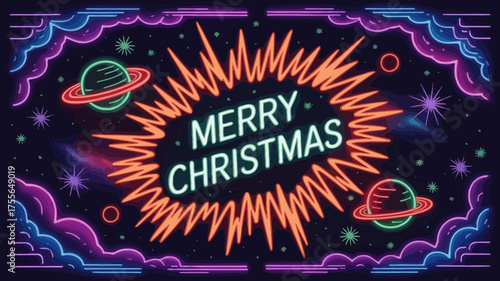 Retro neon sign displaying merry christmas amidst a vibrant cosmic nebula with planets and stars