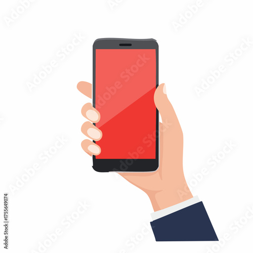 Female hand shows smartphone with blank red display. Woman hold cell phone in arm. Presentation template for mobile application or service. Touch screen gadget flat design. Vector EPS8 illustration.