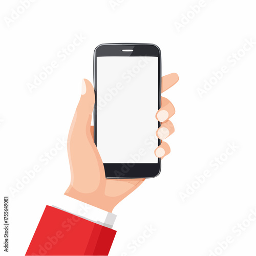 Female hand shows smartphone with blank red display. Woman hold cell phone in arm. Presentation template for mobile application or service. Touch screen gadget flat design. Vector EPS8 illustration.
