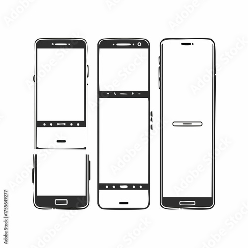 Set of smartphone shapes with blank screens in flat style. Cell phone with sensor display in various constructive designs. Isolated icons of mobile devices with empty space. EPS8 vector illustration.