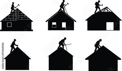 Construction worker silhouette fixing house roof with hammer, roofer repairing building, home renovation maintenance vector illustration