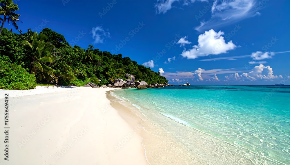 Fototapeta premium White sandy beach with turquoise water and lush green hillside, bright blue sky with scattered clouds