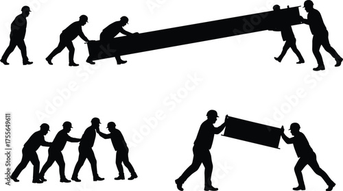 Construction workers carrying heavy steel beam and panels, teamwork concept, industrial building site silhouette vector illustration