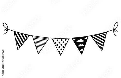 Hand drawn black and white bunting flags with various patterns for celebration and decoration