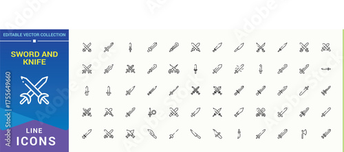 Set of Sword And Knife line icon. Contains outline symbols like war, medieval, weapon, sharp, knife and more. Set of line pictogram. Sword vector icon set. Editable stroke vector art.