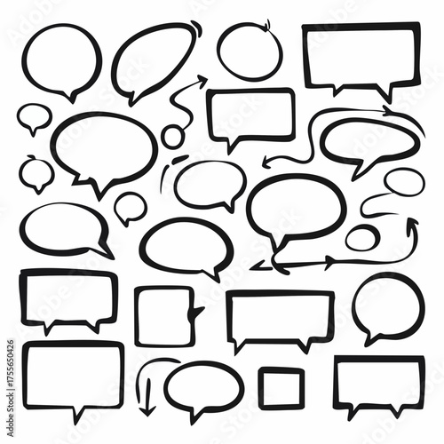 Set of marker speech bubbles, marks and pointers. Black highlighter shapes isolated on white. Hand drawn by felt pen vector symbols in eps8.