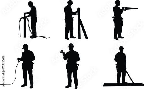 Construction worker silhouettes operating tools and equipment, industrial labor, safety helmet, teamwork, engineering, building project illustration