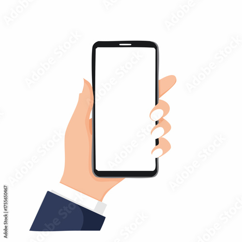 Female hand holding smartphone with blank screen. Woman showing empty cell phone display. Mobile gadget with white touch screen in womans arm. Isolated flat design closeup. Vector EPS8 illustration.