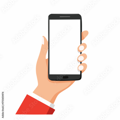 Female hand holding smartphone with blank screen. Woman showing empty cell phone display. Mobile gadget with white touch screen in womans arm. Isolated flat design closeup. Vector EPS8 illustration.