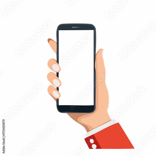 Female hand holding smartphone with blank screen. Woman showing empty cell phone display. Mobile gadget with white touch screen in womans arm. Isolated flat design closeup. Vector EPS8 illustration.