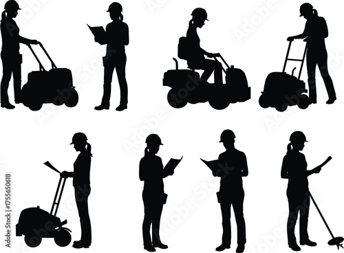 Construction worker silhouettes operating cleaning machines, engineers checking plans, maintenance staff performing industrial and site management tasks