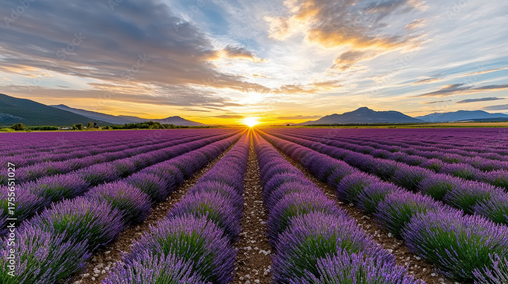 Fototapeta premium Lavender field at sunset with vibrant colors and serene atmosphere, showcasing nature beauty