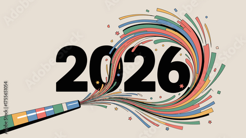 Explosion of colorful confetti and streamers erupting from a party popper forming the number 2026 symbolizing new beginnings and celebration
