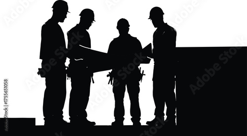 Silhouette construction engineers reviewing blueprint plan, teamwork collaboration, safety helmet, industrial architecture project, site management concept