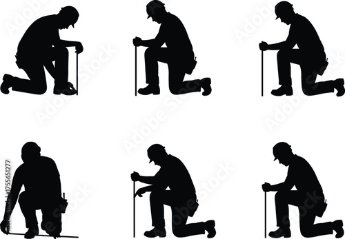 Construction worker silhouette kneeling and measuring with tape, builder checking level, engineering design concept vector illustration