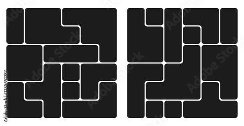 Bento grid abstract layouts with geometric tiles and rounded corners. Modern modular UI design panels, trendy web interface templates, collage frames and infographics. Vector illustration.