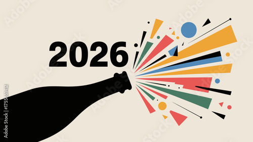 Celebrate the arrival of the year 2026 with a vibrant explosion of colorful abstract shapes bursting from a champagne bottle