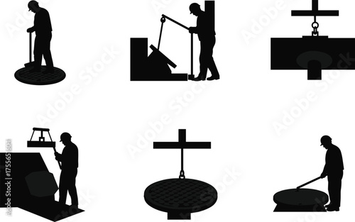 Construction worker lifting manhole cover, maintenance process with lifting tools and equipment, safety work, flat vector