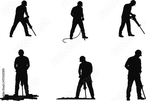 Silhouette construction workers using jackhammer tools, industrial labor, heavy equipment operation, building site, demolition work concept