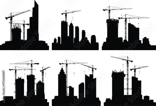 City buildings under construction, tower cranes working, modern architecture skyline, urban development, industrial silhouette vector illustration